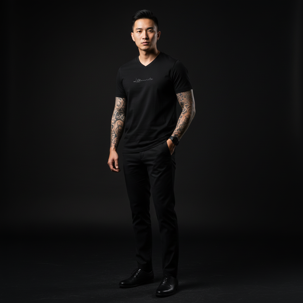 Man wearing a black V-neck t-shirt and pants in a studio