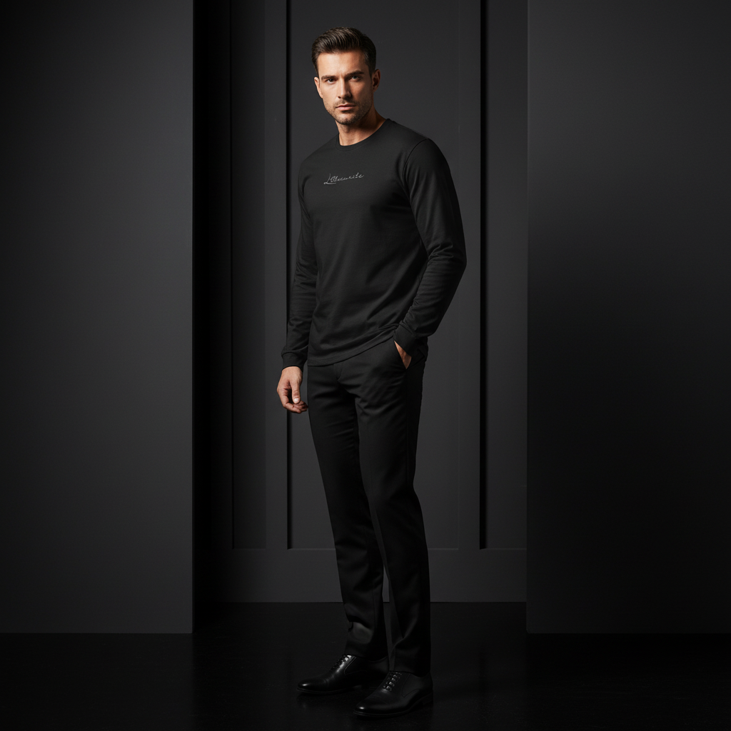 Man wearing a black outfit with just logo on a dark background