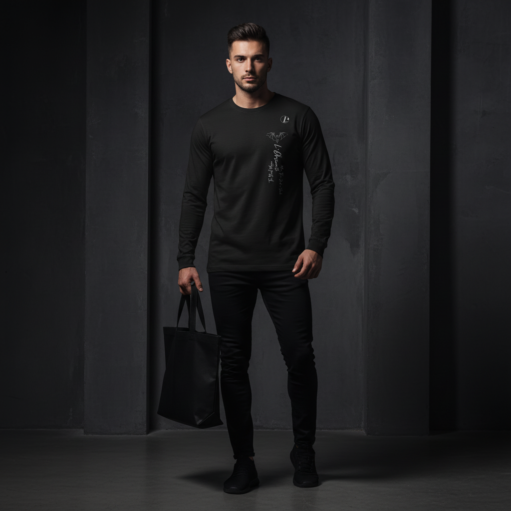 Man wearing a black long-sleeve shirt and pants holding a black bag against a dark background, black magic long sleeve tee