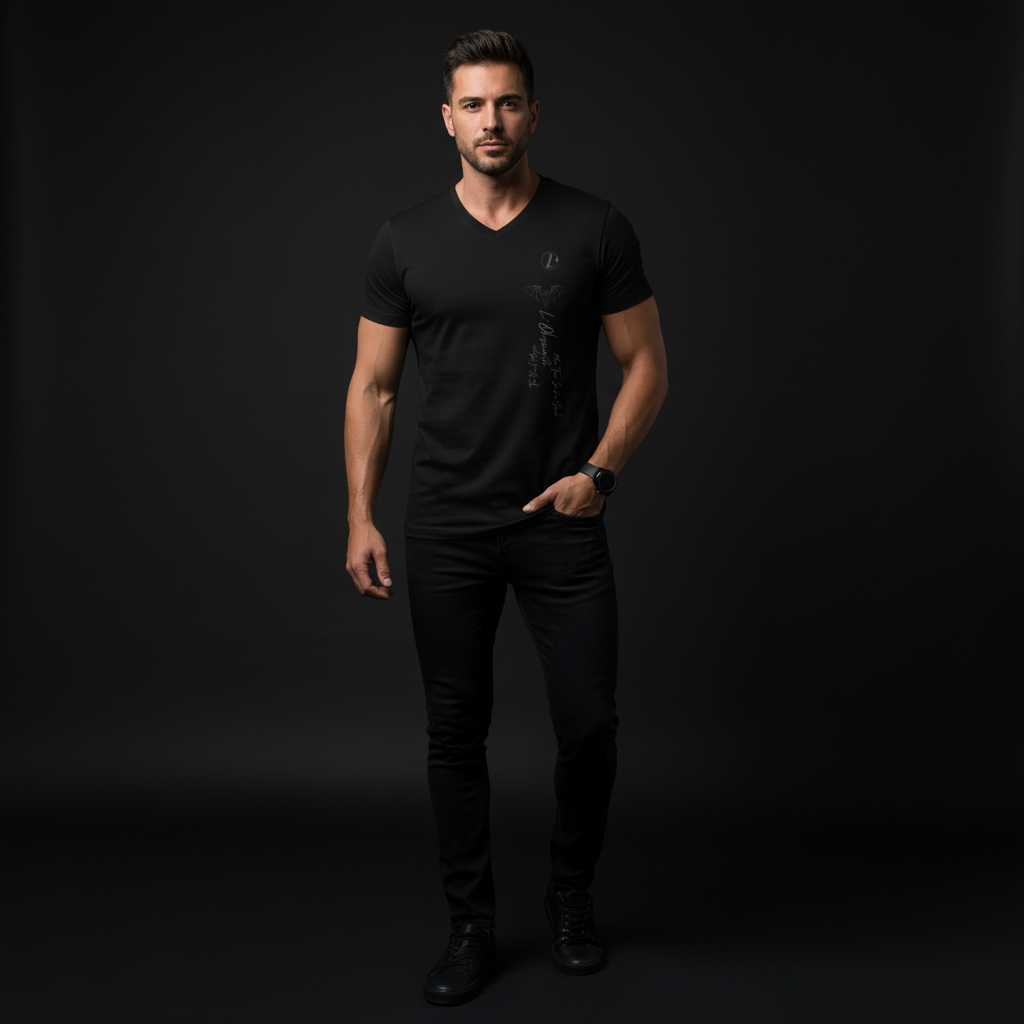Man wearing a black t-shirt and pants against a dark background