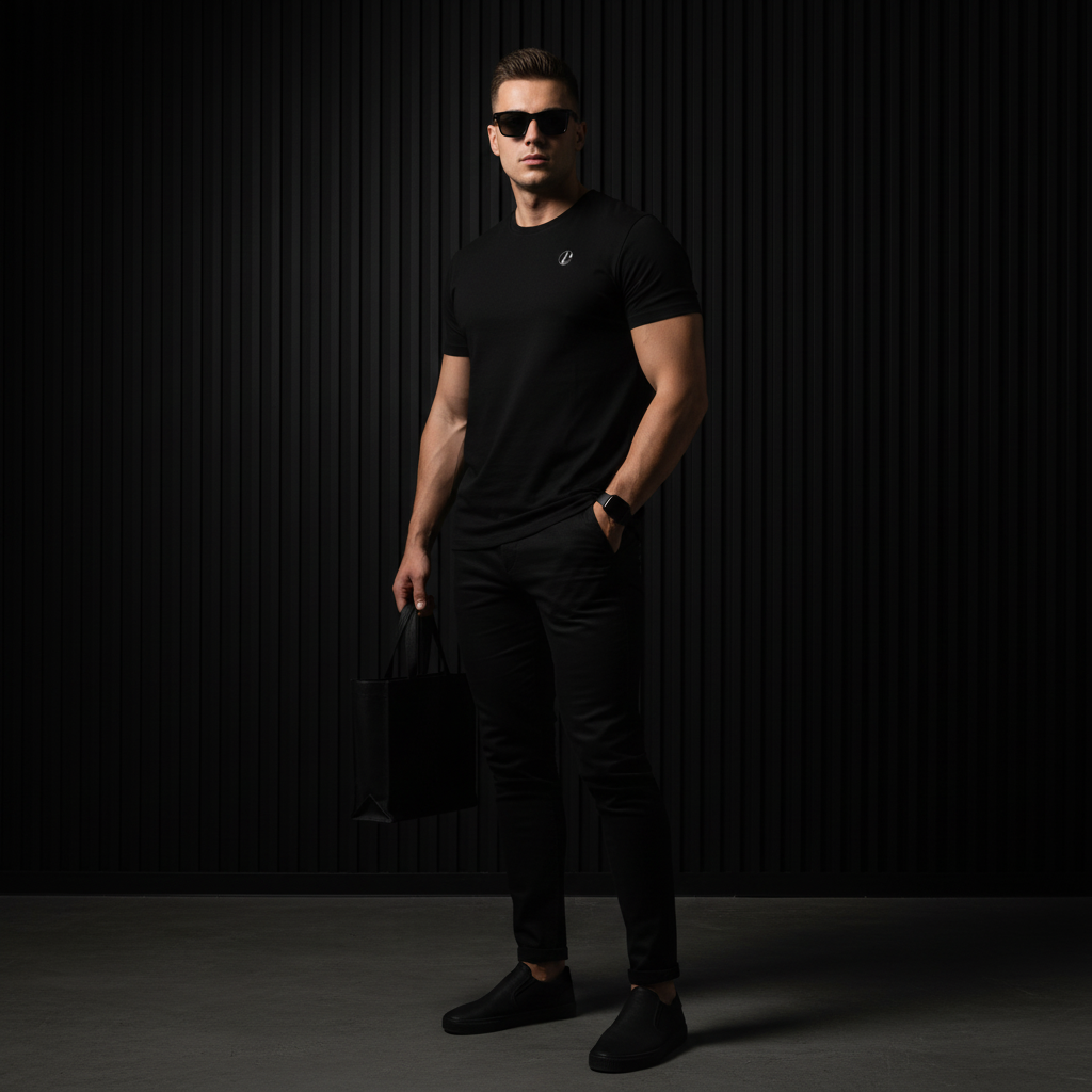 Man wearing a black t-shirt, pants, and shoes against a dark background, bold stitch tee