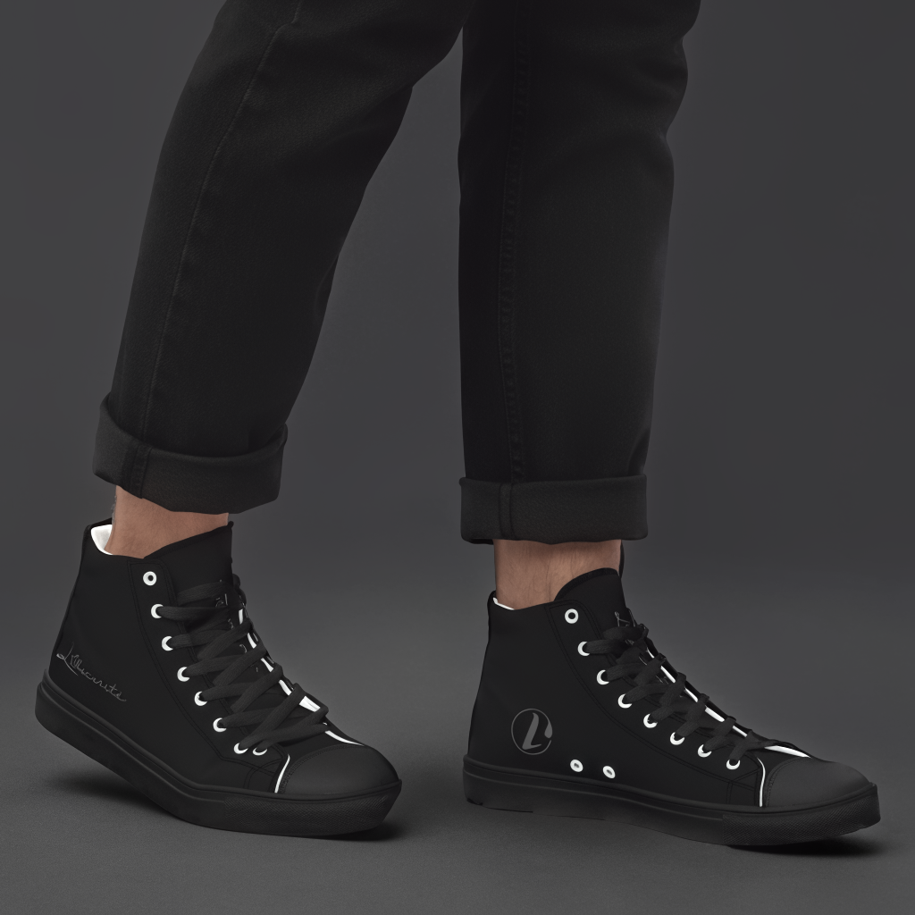 Black high-top sneakers worn with black pants on a dark background