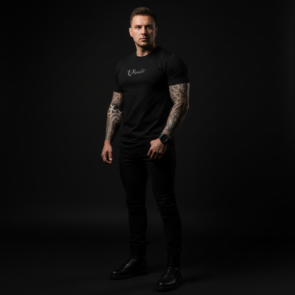 Man wearing a black t-shirt with visible branding against a dark background, core tee