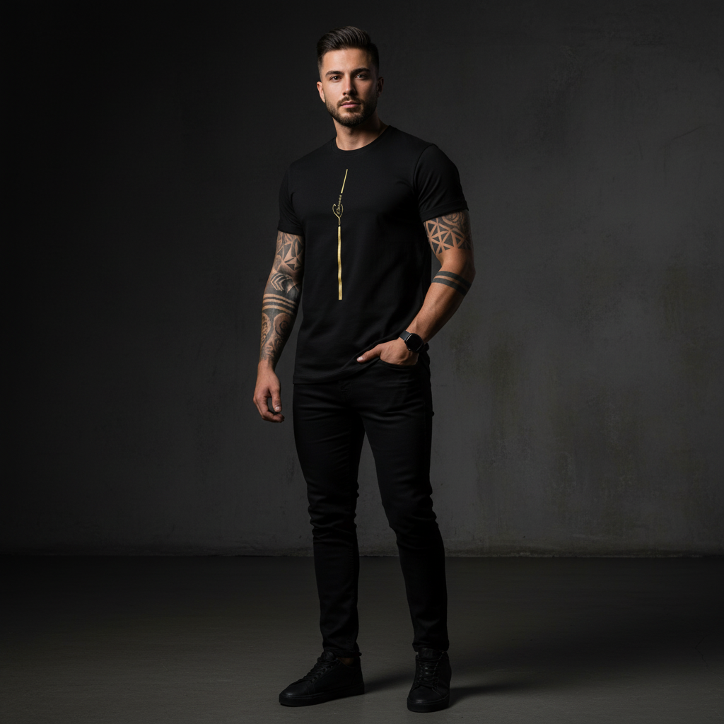 Man wearing a black t-shirt with a gold line against a dark background, essence tee