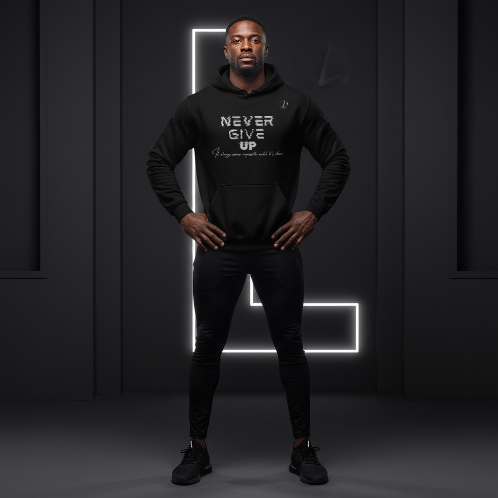 Man wearing a black hoodie with 'Never Give Up' text against a dark background