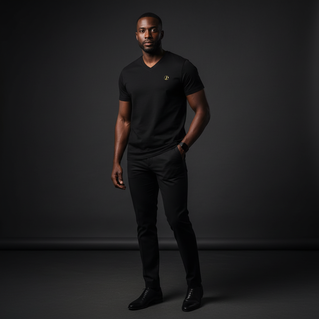 Man wearing a black V-neck t-shirt and pants against a dark background