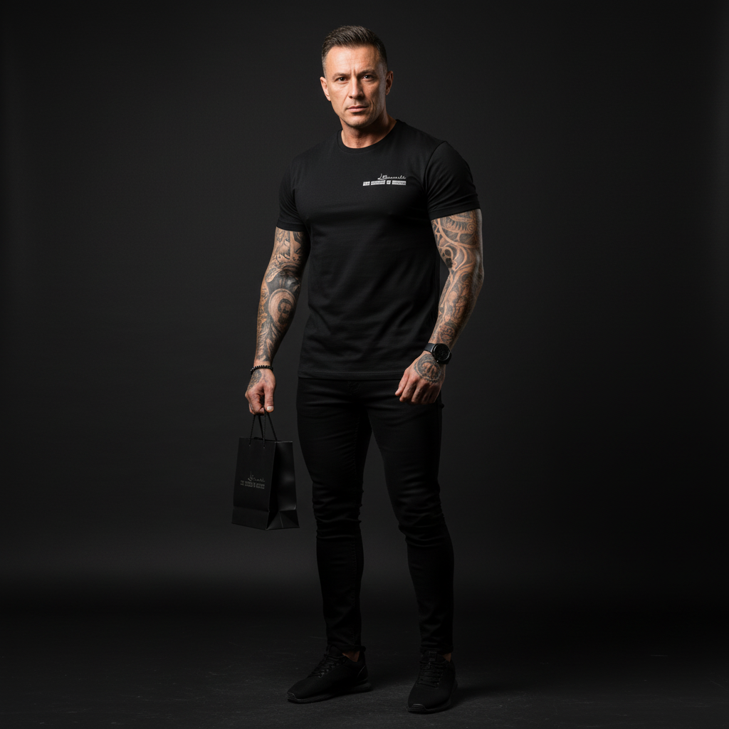 Man wearing a black t-shirt and pants holding a black bag against a dark background, the uniform of silence