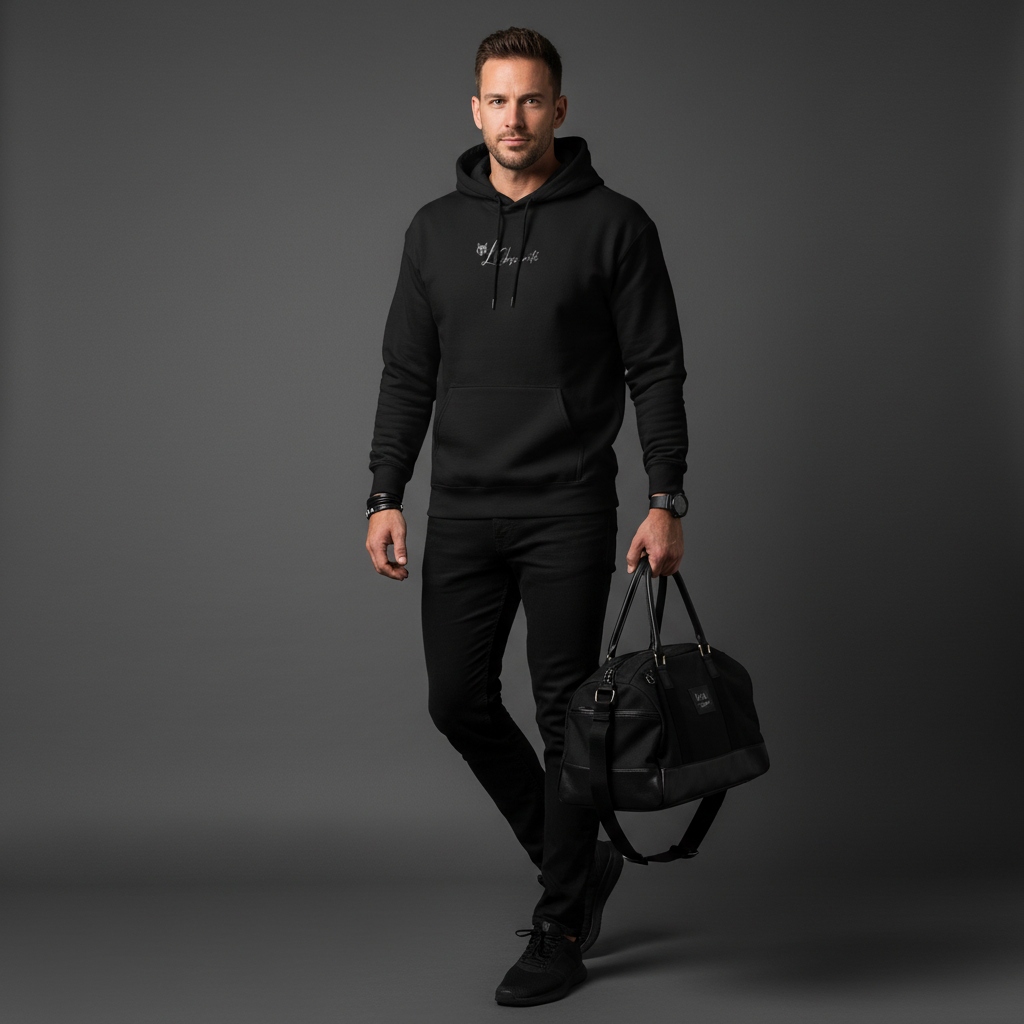 A man wearing a black hoodie and pants holding a black bag on a grey background, serval hoodie