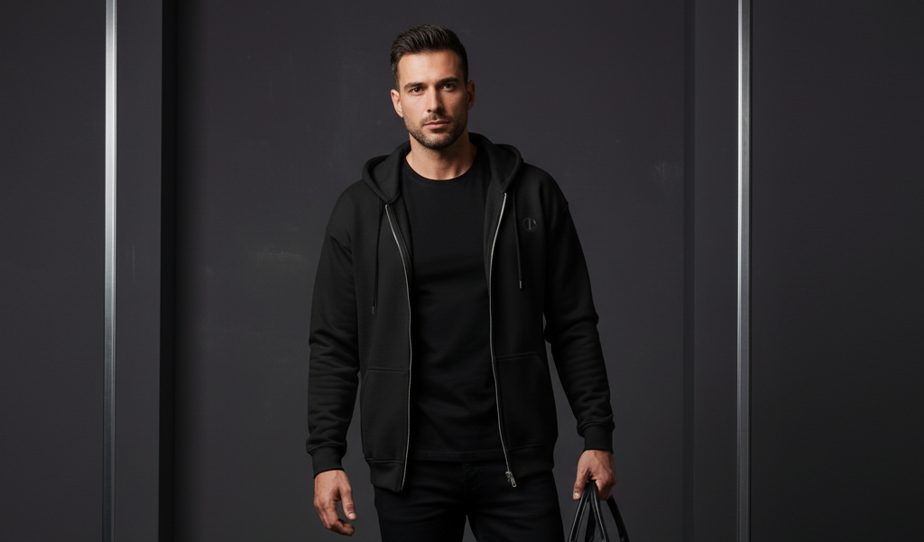 man wearing a zip hoodie with an all back outfit