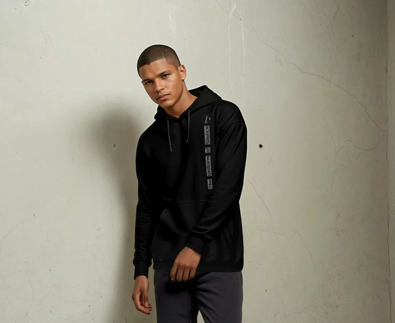 black hoodie for men, minimalist , the uniform of silence