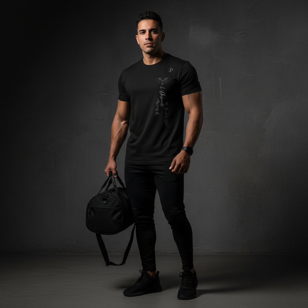 Man holding a black duffel bag against a dark background, black magic tee