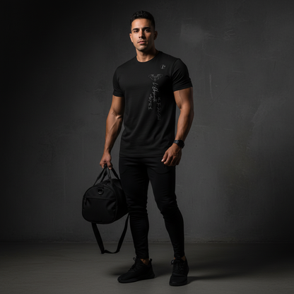 Man holding a black duffel bag against a dark background, black magic tee