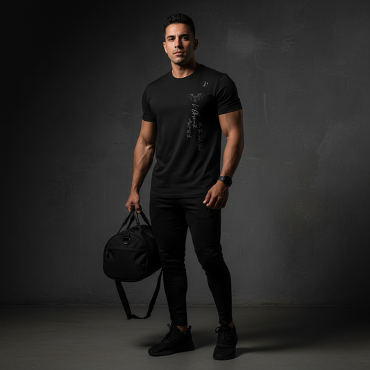 Man holding a black duffel bag against a dark background, black magic tee