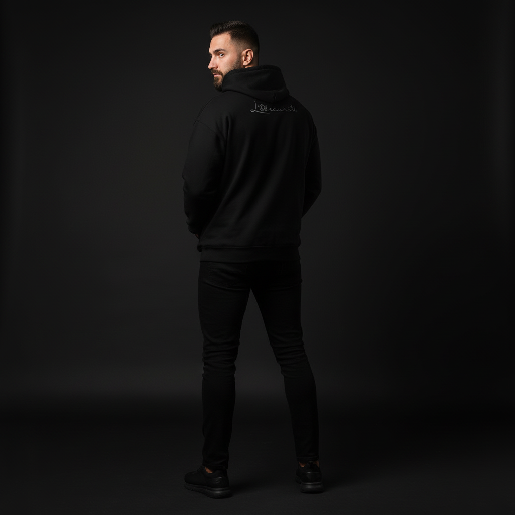Man wearing a black hoodie with a logo on the back against a dark background, the uniform of silence hoodie
