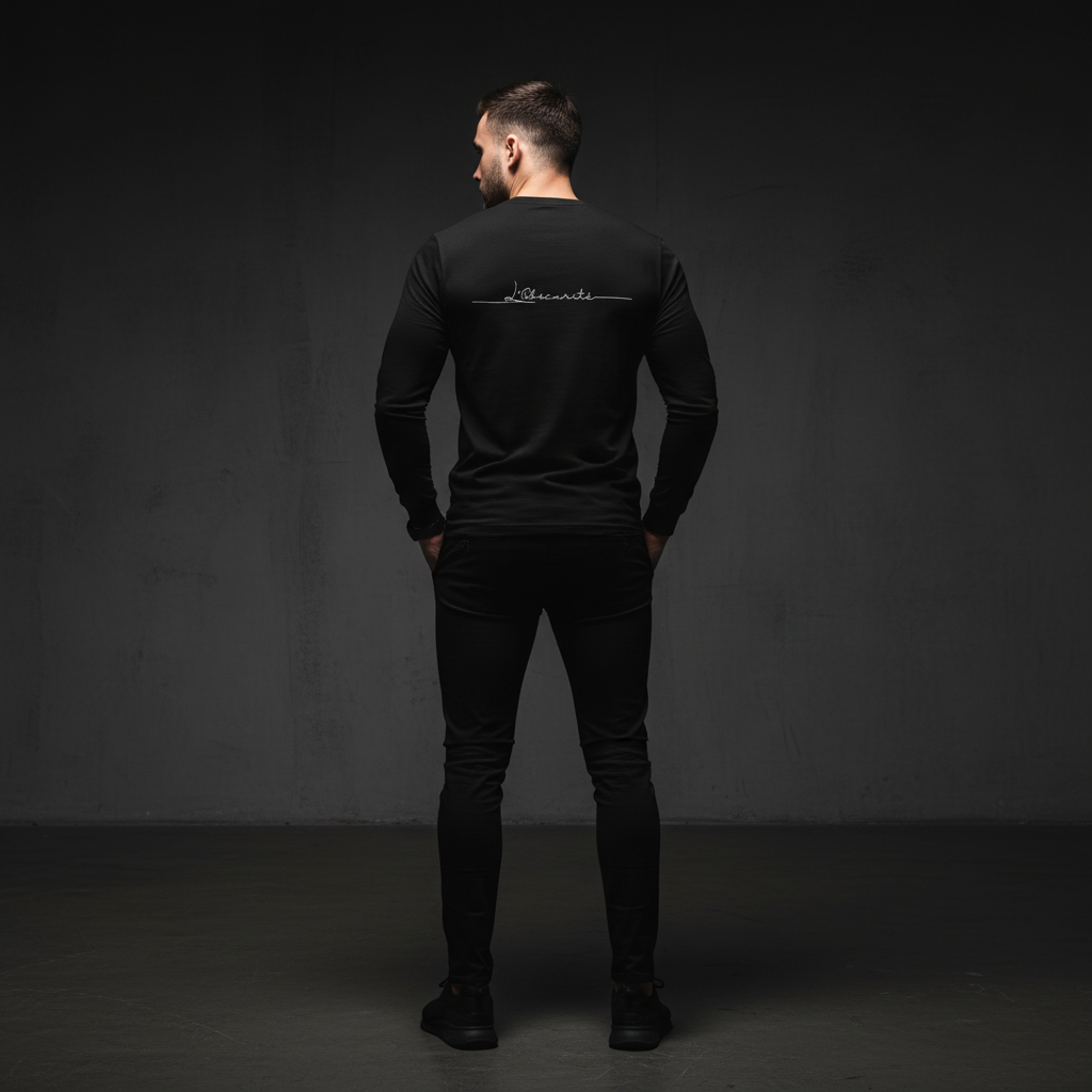 Man wearing a black long-sleeve shirt with a logo on the back against a dark background
