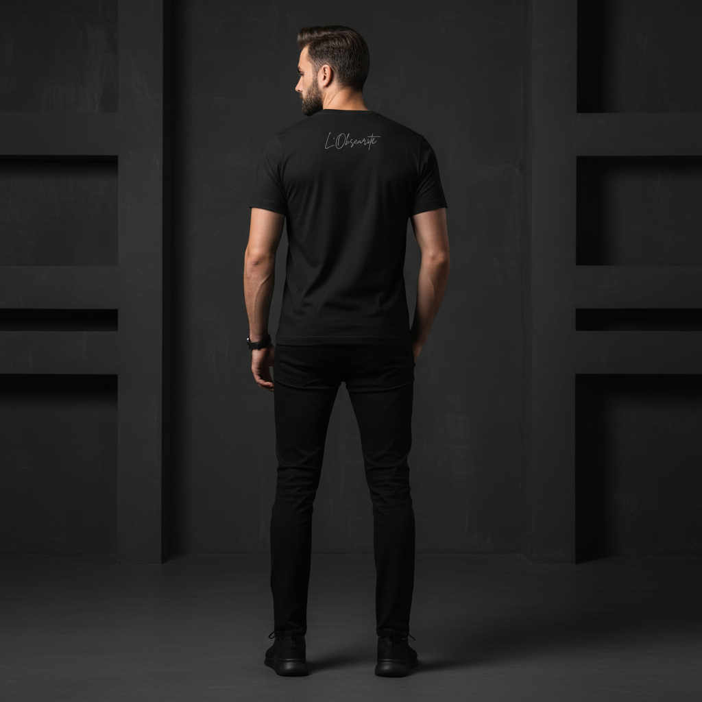 Man wearing a black t-shirt with L’Obscurité branding on the back against a dark background