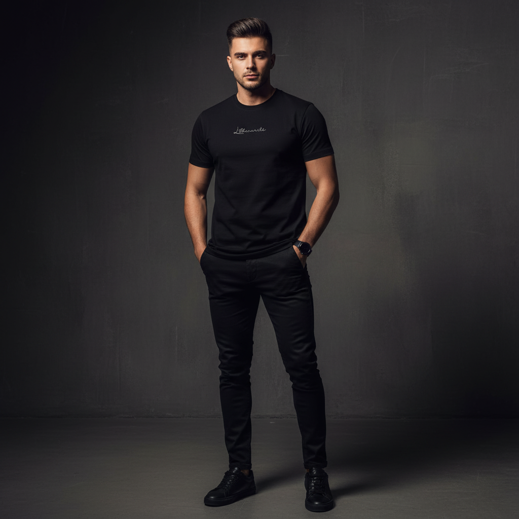 A man wearing a black t-shirt and pants against a dark background, basic instinct tee