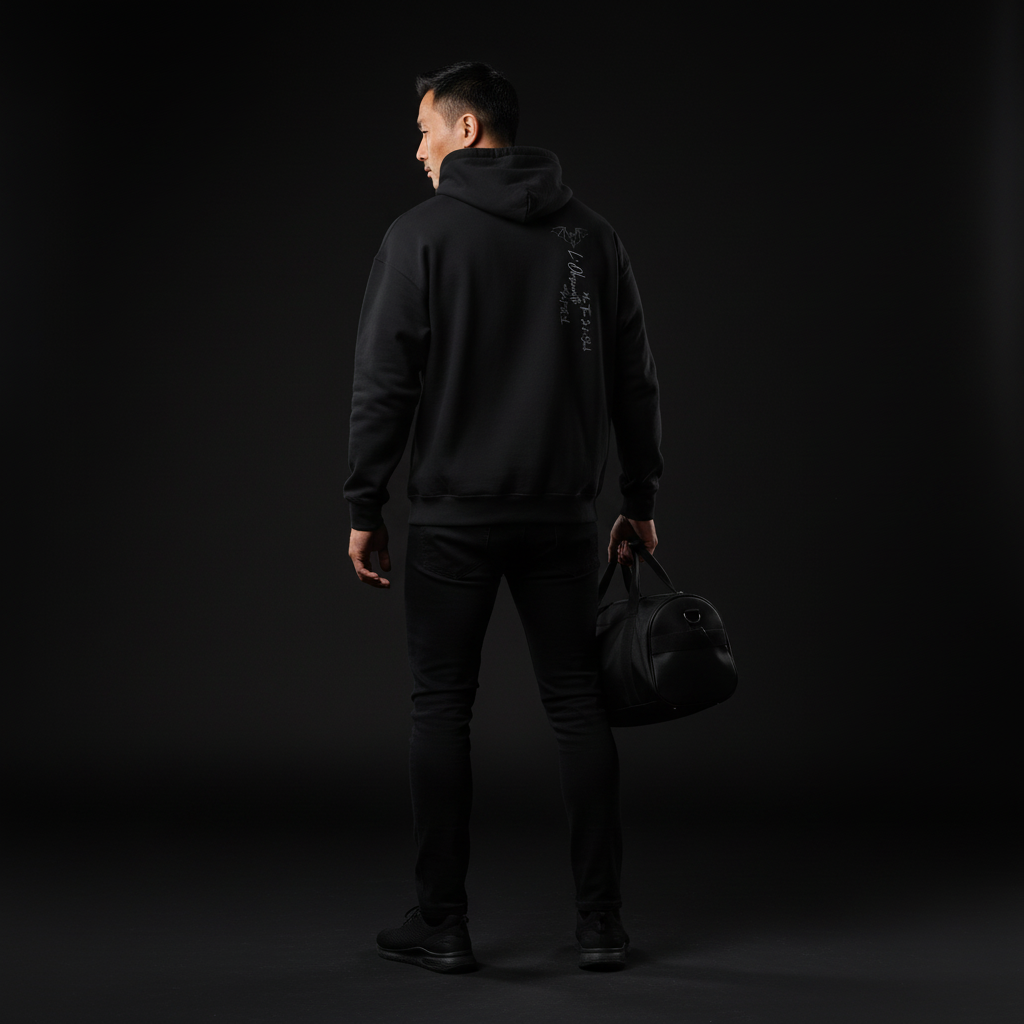 Person wearing a black hoodie and pants holding a black bag against a dark background, black magic hoodie