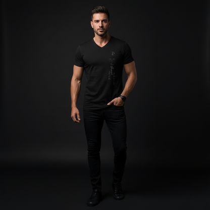 Man wearing a black t-shirt and pants against a dark background