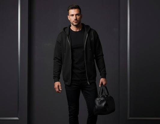 Man in a black outfit holding a black bag against a dark background, bold stitch hoodie