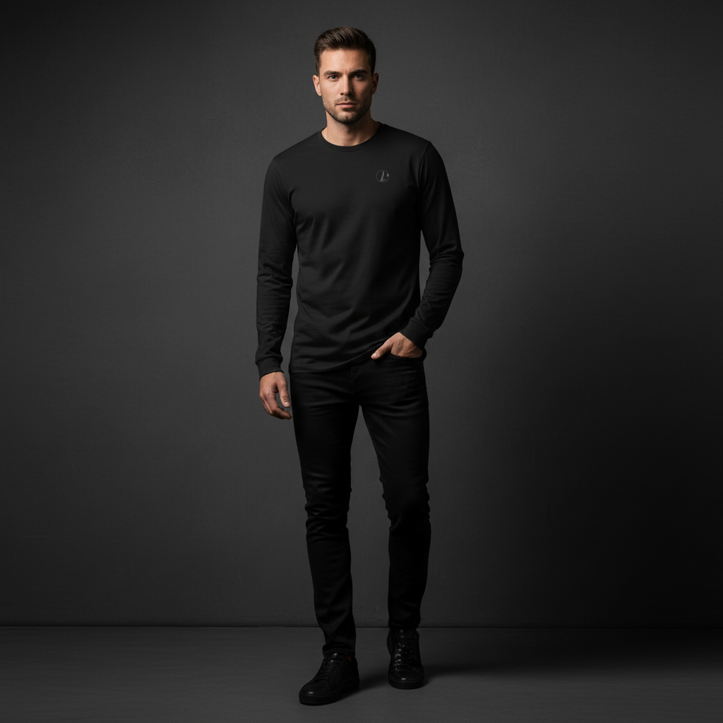 Man wearing a black long-sleeve shirt and pants against a dark background, bold stitch ong sleeve tee
