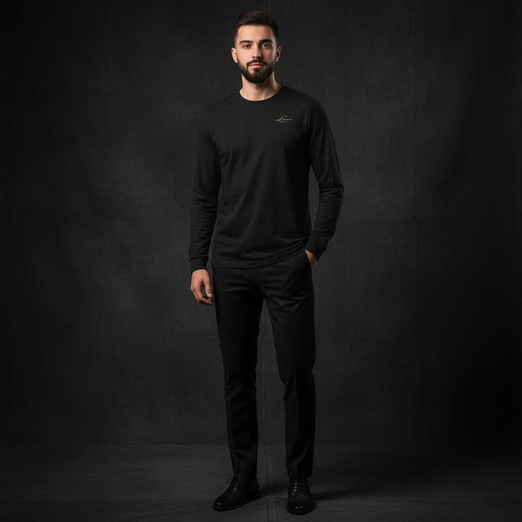 Man wearing a black long-sleeve shirt and pants against a dark background, the classic logo long-sleeved tee