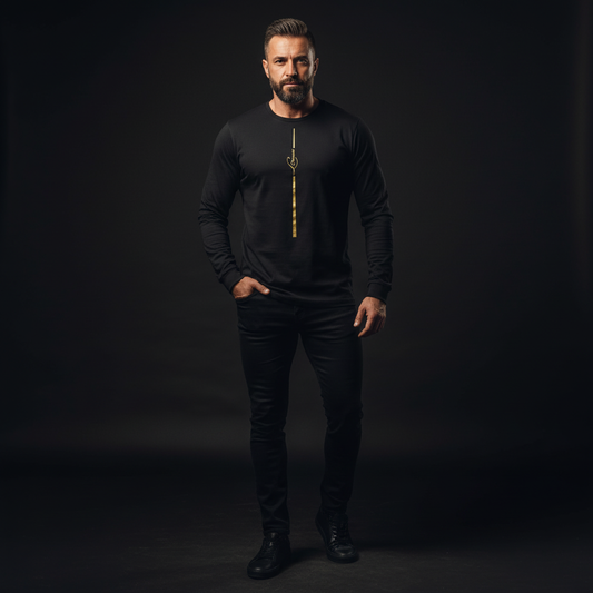 Man wearing a black long-sleeve shirt with a gold line design on a dark background, essence long sleeve tee