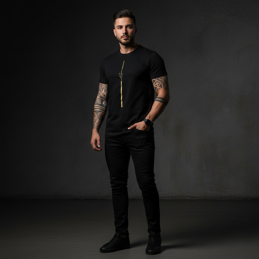 Man wearing a black t-shirt with a gold line against a dark background, essence tee