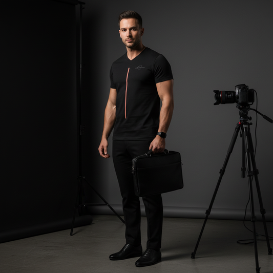A man in a black V-neck t-shirt and pants holding a briefcase in a studio setting with camera equipment.