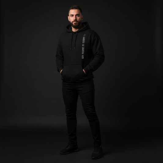 Man wearing a black hoodie and pants against a dark background, the uniform of silence