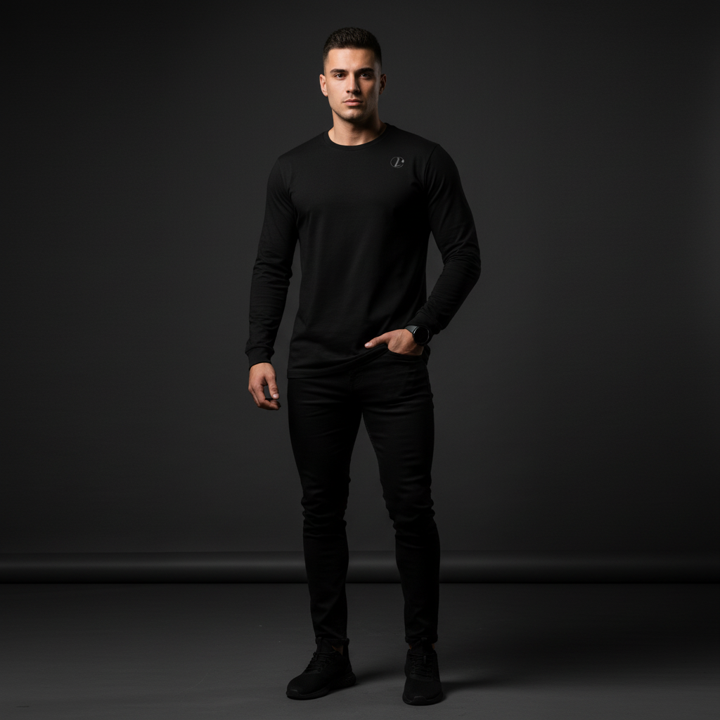 Man wearing a black long-sleeve shirt and pants against a dark background