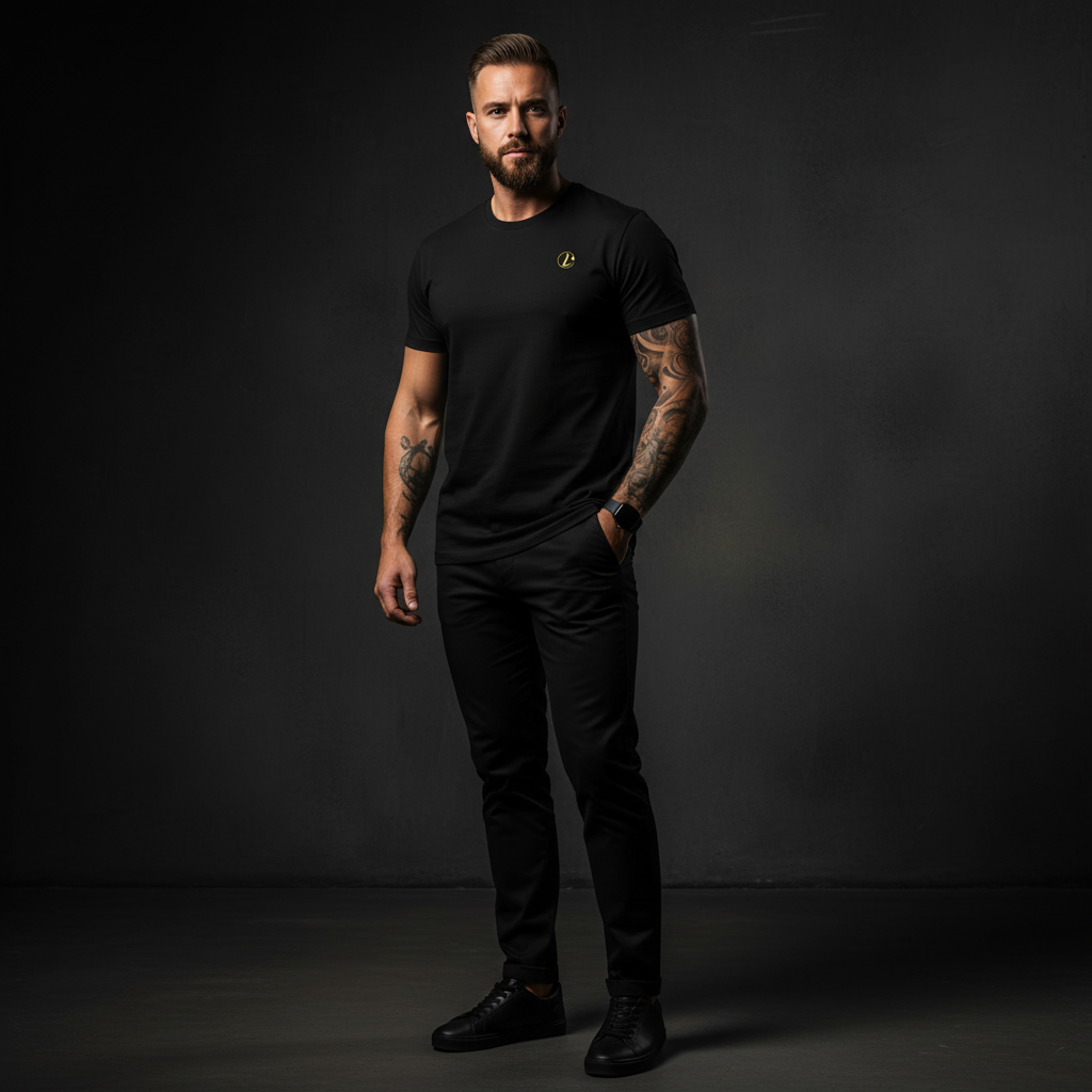 A man wearing a black t-shirt with a yellow logo against a dark background, gold logo tee