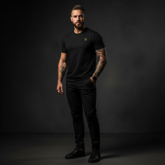 A man wearing a black t-shirt with a yellow logo against a dark background, gold logo tee