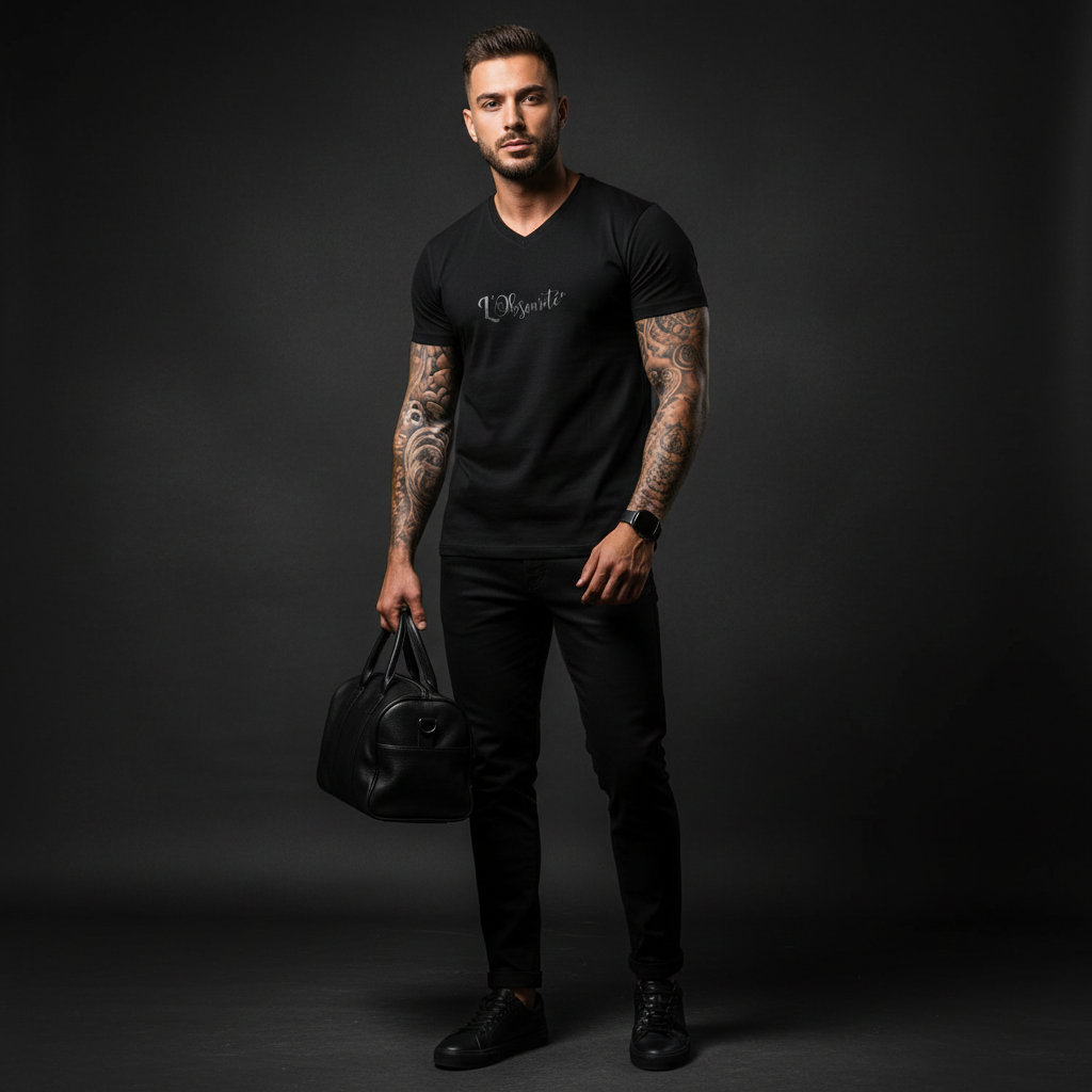 Man holding a black leather bag against a dark background