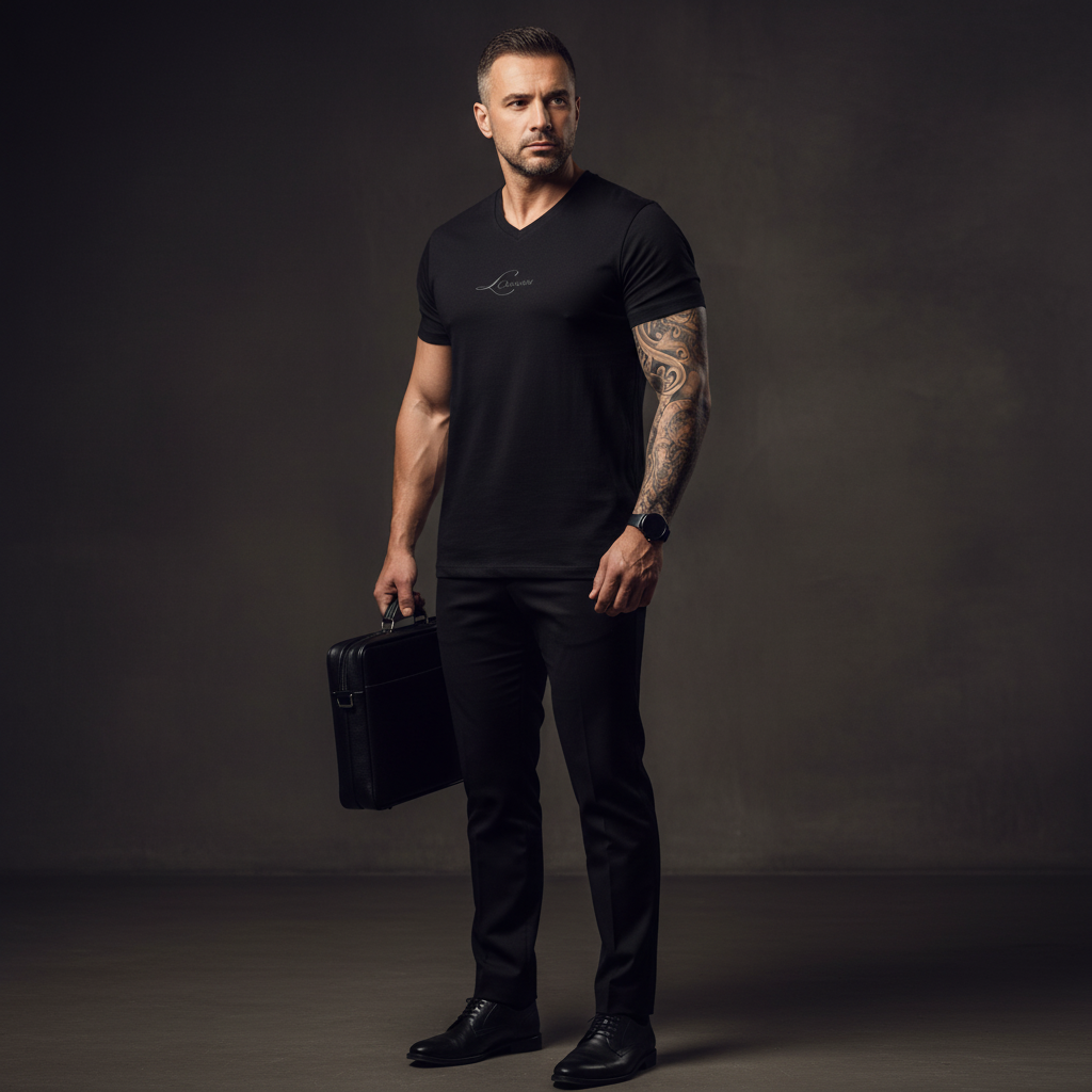 Man in black,wearing a v-neck t-shirt attire holding a briefcase against a dark background