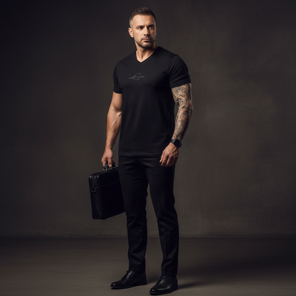 Man in black,wearing a v-neck t-shirt attire holding a briefcase against a dark background