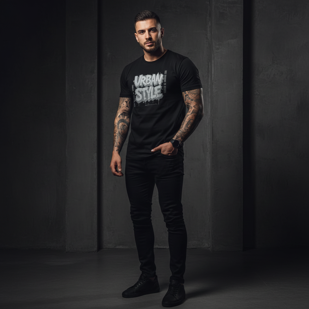 Man wearing a black t-shirt with 'Urban Style' text against a dark background