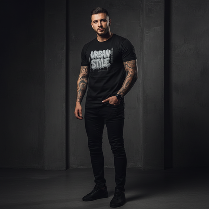 Man wearing a black t-shirt with 'Urban Style' text against a dark background
