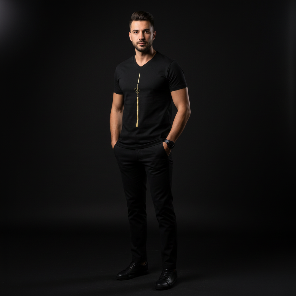 Man wearing a black t-shirt with a gold line logo detail on a dark background