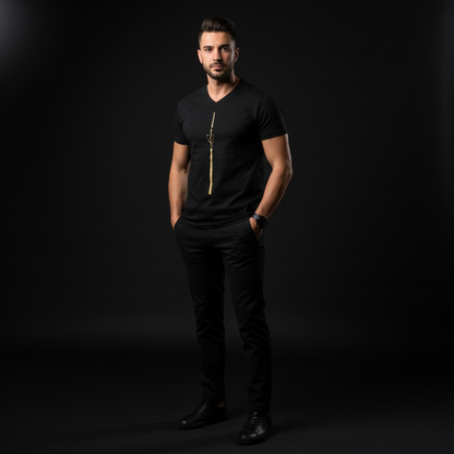 Man wearing a black t-shirt with a gold line logo detail on a dark background