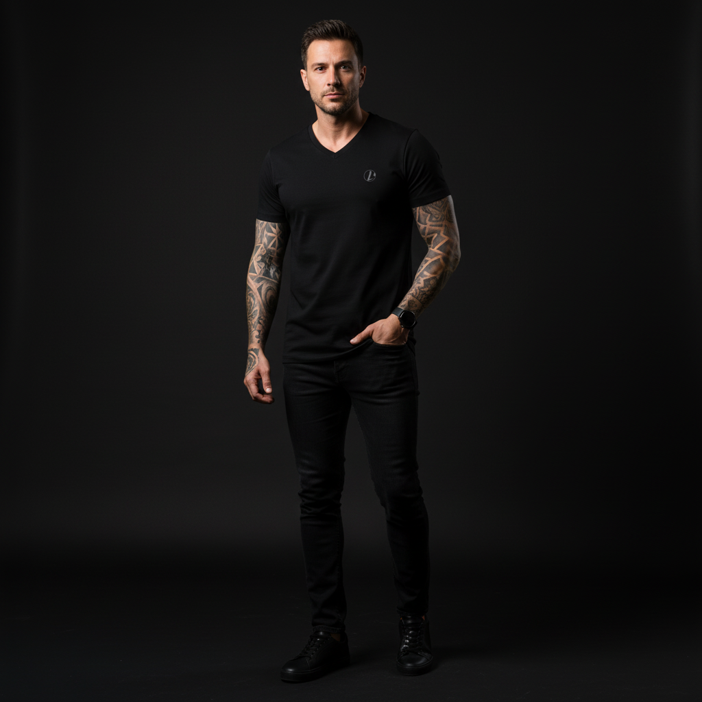 Man wearing a black v-neck t-shirt and pants against a dark background