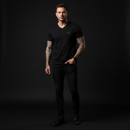 Man wearing a black v-neck t-shirt and pants against a dark background