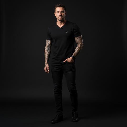 Man wearing a black v-neck t-shirt and pants against a dark background