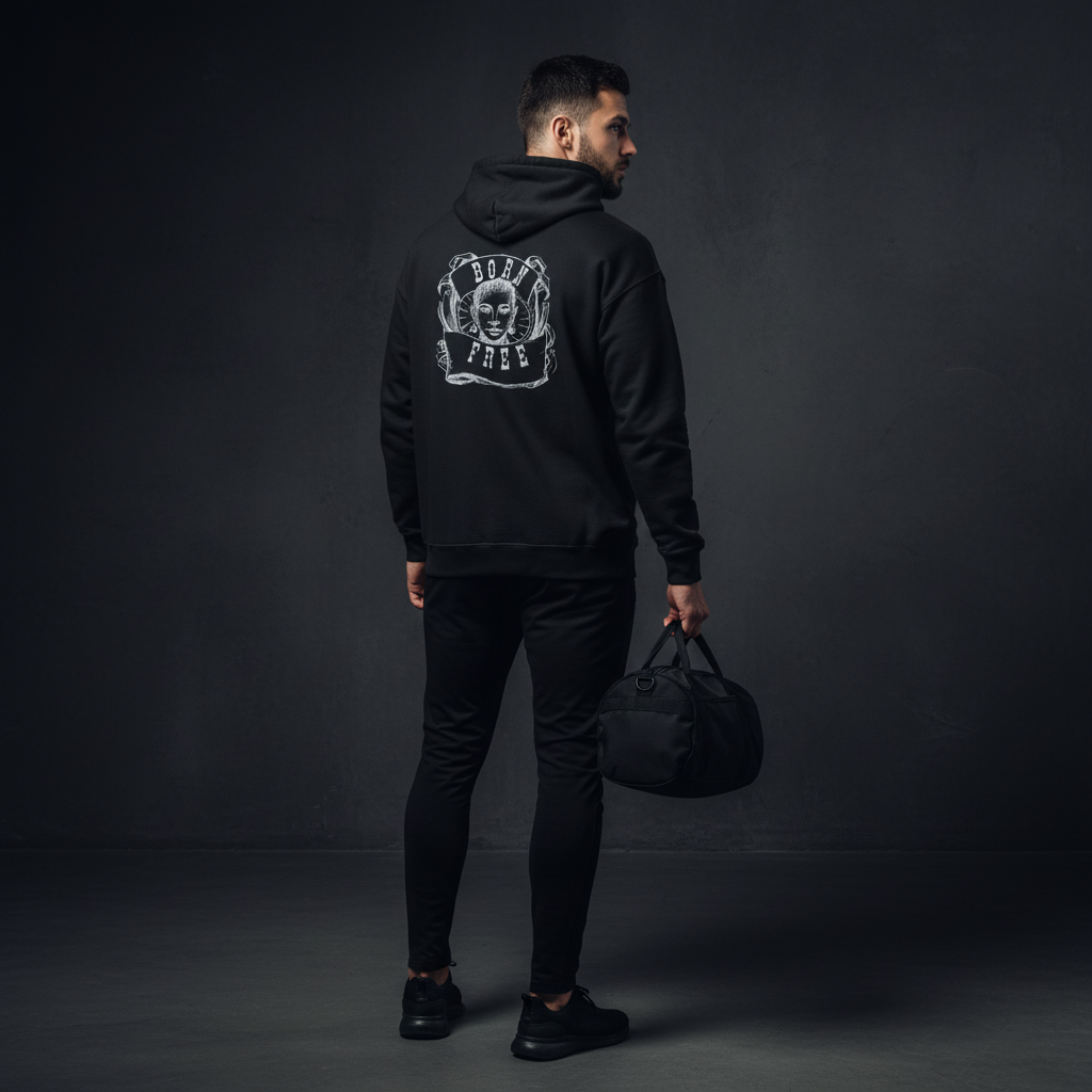 Man wearing a black hoodie with a logo on the back, born free, holding a black duffel bag against a dark background
