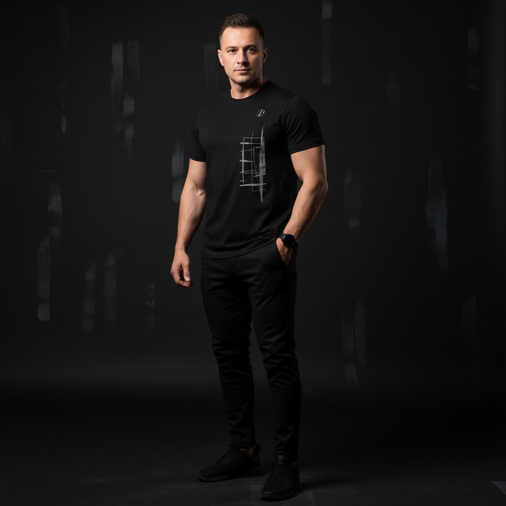 Man wearing a black t-shirt with a graphic design on a dark background, dark side tee