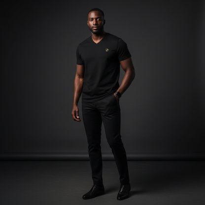 Man wearing a black V-neck t-shirt and pants against a dark background