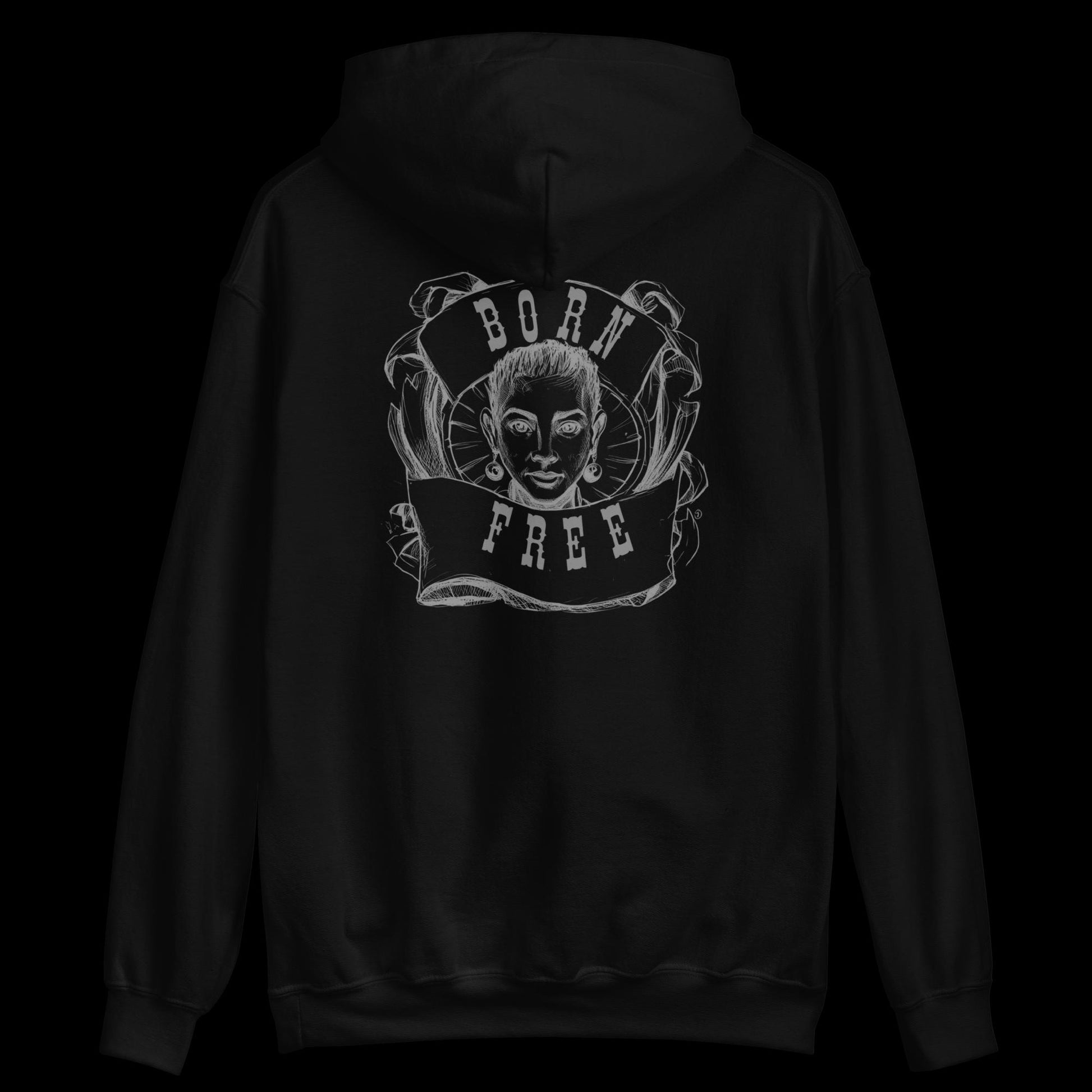 black hoodie born free logo back