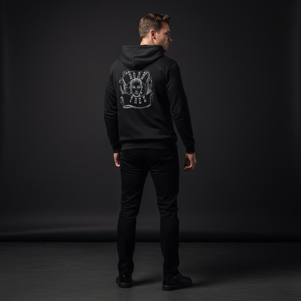 Man wearing a black hoodie with a born free logo on the back against a dark background