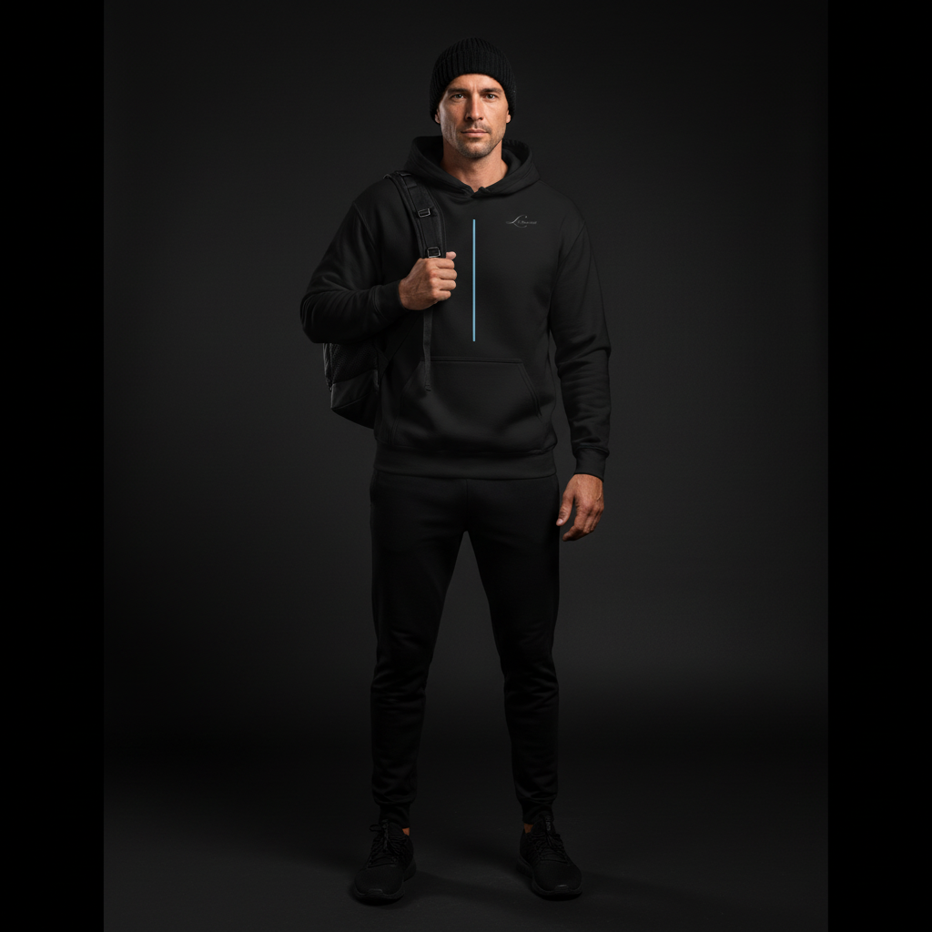 Man wearing a black hoodie with a brand logo on a dark background