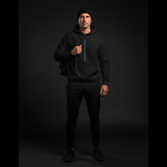 Man wearing a black hoodie with a brand logo on a dark background